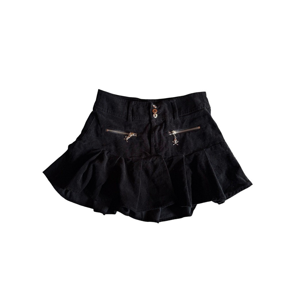Social Collision Black Corduroy Pleated Mini Skirt Skull Charm Goth Grunge Y2K S
